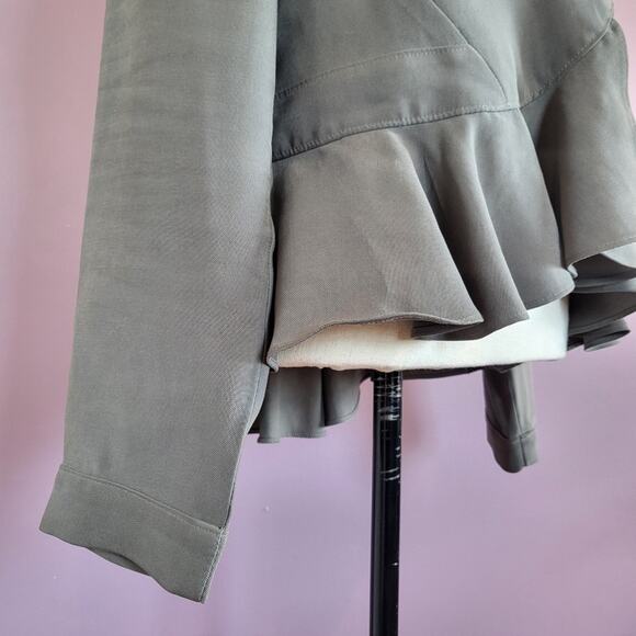 BCBGeneration Sage Green Open Front Buttoned Lapel Peplum Ruffle Hem Jacket - Picture 14 of 16